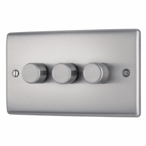 BG Electrical NBS83 Nexus Raised Edge Brushed Steel Screwed 3 Gang 2 Way Push Trailing Edge Dimmer Switch - Suitable For LED Lighting 200W