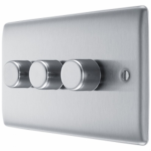BG Electrical NBS83 Nexus Raised Edge Brushed Steel Screwed 3 Gang 2 Way Push Trailing Edge Dimmer Switch - Suitable For LED Lighting 200W