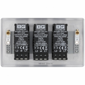 BG Electrical NBS83 Nexus Raised Edge Brushed Steel Screwed 3 Gang 2 Way Push Trailing Edge Dimmer Switch - Suitable For LED Lighting 200W