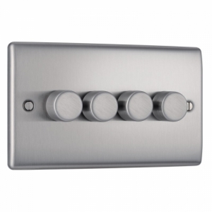 BG Electrical NBS84 Nexus Raised Edge Brushed Steel Screwed 4 Gang 2 Way Push Trailing Edge Dimmer Switch - Suitable For LED Lighting 200W