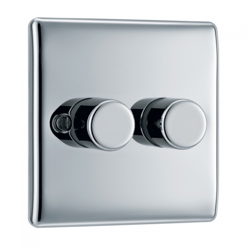 BG Electrical NPC82 Nexus Raised Edge Polished Chrome Screwed 2 Gang 2 Way Push Trailing Edge Dimmer Switch - Suitable For LED Lighting 200W