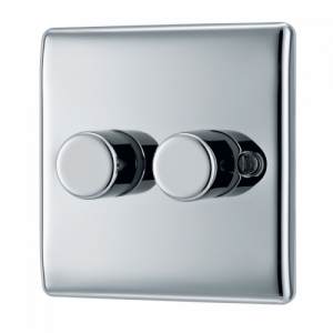 BG Electrical NPC82 Nexus Raised Edge Polished Chrome Screwed 2 Gang 2 Way Push Trailing Edge Dimmer Switch - Suitable For LED Lighting 200W