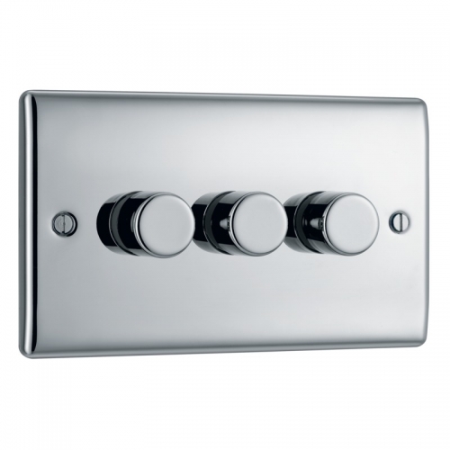 BG Electrical NPC83 Nexus Raised Edge Polished Chrome Screwed 3 Gang 2 Way Push Trailing Edge Dimmer Switch - Suitable For LED Lighting 200W
