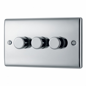 BG Electrical NPC83 Nexus Raised Edge Polished Chrome Screwed 3 Gang 2 Way Push Trailing Edge Dimmer Switch - Suitable For LED Lighting 200W