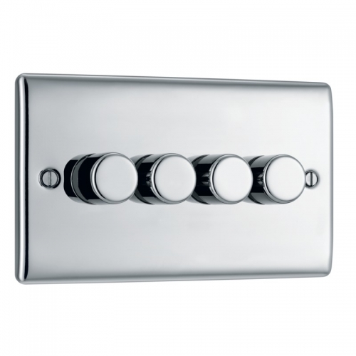 BG Electrical NPC84 Nexus Raised Edge Polished Chrome Screwed 4 Gang 2 Way Push Trailing Edge Dimmer Switch - Suitable For LED Lighting 200W