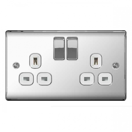 BG Electrical NPC22W Nexus Raised Edge Polished Chrome Screwed 2 Gang Switched Socket With White Inserts & Dual Earth 13A