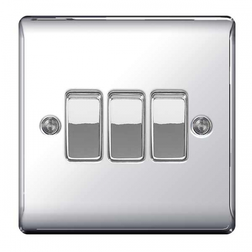 BG Electrical NPC43 Nexus Raised Edge Polished Chrome Screwed 3 Gang 2 Way Plateswitch 20A 16Ax