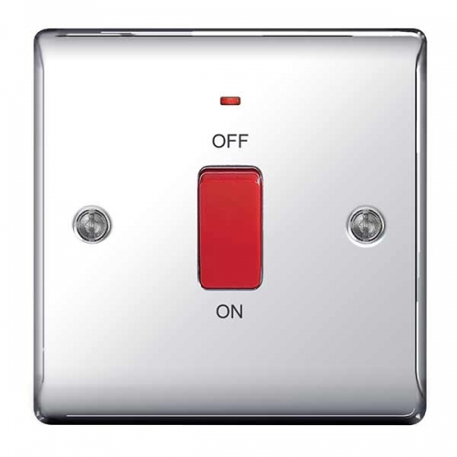 BG Electrical NPC74 Nexus Raised Edge Polished Chrome Screwed DP Control Switch With Neon & Red Rocker On 1 Gang Plate 45A
