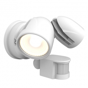 Ansell Lighting AZEKER/WH/PIR Zeker White Aluminium Compact Adjustable CCT LED Twin Head Security Wall Spotlight With PIR & Colour Selectable LEDs IP65 25W 2640Lm 240V Height: 158mm | Width: 234mm | Proj: 180mm