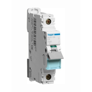 Hager NCN106N 1 Module Single Pole Type C Miniature Circuit Breaker MCB For Commercial Installations 6A 10kA