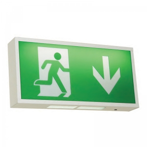 Ansell Lighting AWAT/1 Watchman 3.5W/240V LED Emergency Exit Sign With 2 Colour Selectable LEDs & Down Arrow Legend & Lithium Battery Backup White Body