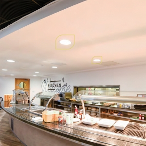 Ansell Lighting ACOM2/1 Comfort Evo White Wattage Selectable CCT Commercial LED Downlight With 2 Colour Selectable LEDs IP44 17W/21W 2300-2800Lm 240V DiaØ: 230mm | Cut-Out: 210mm | Recess Depth: 127mm