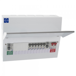 Lewden PRO-PM10 All Metal 10+1 Way Pre-Populated Flexible Twin RCD Consumer Unit With 100A Switch Isolator, 2x80A 30mA Type A RCDs & 2x6A + 1x16A + 3x32A MCBs Width: 353mm | Height: 266mm | Depth: 106mm