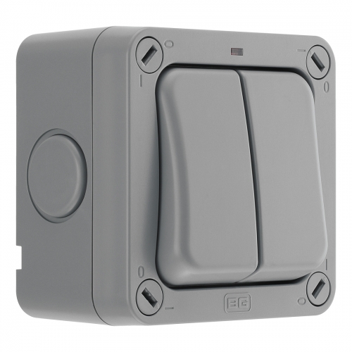 BG Electrical WP42 Nexus Storm Grey 2 Gang 2 Way Single Pole Switch With Neon & Weatherproof Enclosure IP66 20Ax