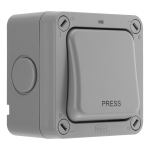 BG Electrical WP14 Nexus Storm Grey 1 Gang 2 Way Single Pole Retractive Pushswitch With Neon & Weatherproof Enclosure Marked PRESS IP66 20Ax