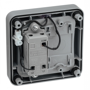 BG Electrical WP14 Nexus Storm Grey 1 Gang 2 Way Single Pole Retractive Pushswitch With Neon & Weatherproof Enclosure Marked PRESS IP66 20Ax