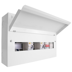 Scolmore CUEB18MSRCDSP10 Elucian 18 Way 18th Edition Dual RCD Consumer Unit With Surge Protection, 100A Isolator & 2 x 80A 30mA RCDs - 5+5 Free Ways