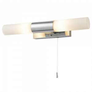 Forum Lighting SPA-PR-12744 Aries Chrome 2-Light Tubular Bathroom Wall Light With Opal Shades & Pullswitch - Requires Lamps IP44 2 x 3W LED G9 240V