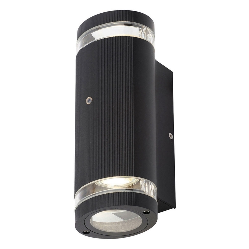 Forum Lighting ZN-35685-BLK Helix Black Ridged Tubular Security Up/Down Wall Light With Photocell & Clear Glass Diffuser - Requires Lamps IP44 2x7W GU10 LED 240V