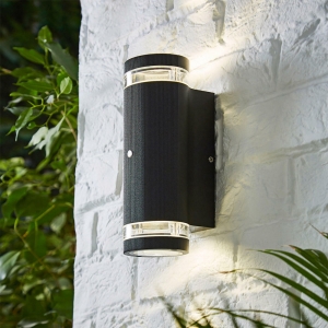 Forum Lighting ZN-35685-BLK Helix Black Ridged Tubular Security Up/Down Wall Light With Photocell & Clear Glass Diffuser - Requires Lamps IP44 2x7W GU10 LED 240V