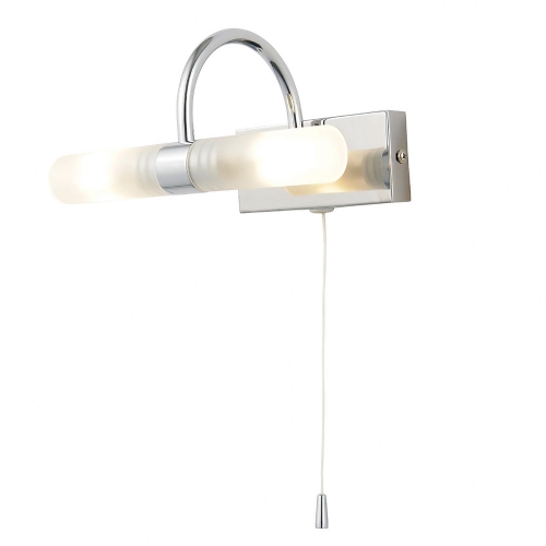 Spa SPA-6888.014-CHR Chrome 2 Light Decorative Swan-Neck Bathroom Wall Light With Frosted Tubular Shades, Pullcord Switch & Wall Mounting Plate