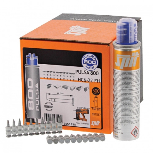 Spit 057557 500 Pack HC6 FH P40/P800 Pulsa Pins with Flush Head 22mm With 1 x Fuel Cell