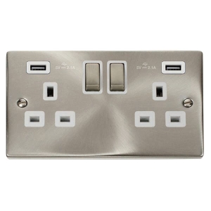 Click VPSC580WH Deco Satin Chrome 2 Gang 13A DP Switchsocket With Twin 2.1A Type A USB Outlets, Ingot Switches & White Inserts