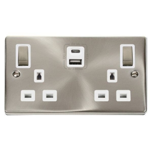 Click VPSC586WH Deco Satin Chrome 2 Gang 13A DP Switchsocket With 1 x Type A  + 1 x Type C USB Outlets, Ingot Switches & White Inserts