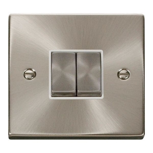 Click VPSC412WH Deco Satin Chrome 2 Gang 2 Way 10Ax Plateswitch With Ingot Switches & White Inserts Click VPSC412WH Deco Satin Chrome 2 Gang 2 Way 10Ax Plateswitch With Ingot Switches & White Inserts