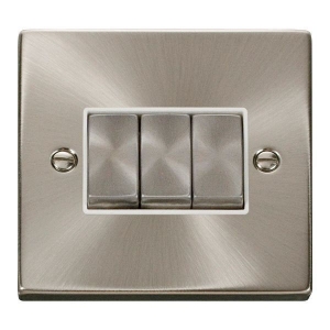 Click VPSC413WH Deco Satin Chrome 3 Gang 2 Way 10Ax Plateswitch With Ingot Switches & White Inserts