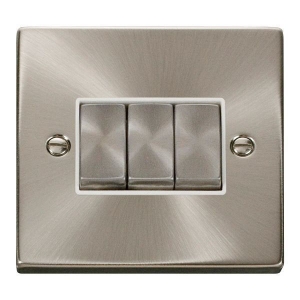 Click VPSC413WH Deco Satin Chrome 3 Gang 2 Way 10Ax Plateswitch With Ingot Switches & White Inserts Click VPSC413WH Deco Satin Chrome 3 Gang 2 Way 10Ax Plateswitch With Ingot Switches & White Inserts