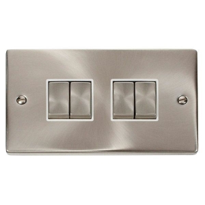 Click VPSC414WH Deco Satin Chrome 4 Gang 2 Way 10Ax Plateswitch With Ingot Switches & White Inserts Click VPSC414WH Deco Satin Chrome 4 Gang 2 Way 10Ax Plateswitch With Ingot Switches & White Inserts