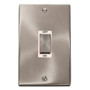 Click VPSC502WH Deco Satin Chrome 45A DP Switch With Ingot Switch & White Inserts On Large Vertical Plate