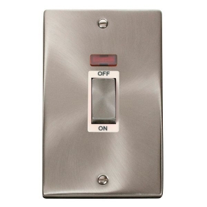 Click VPSC503WH Deco Satin Chrome 45A DP Switch With Neon, Ingot Switch & White Inserts On Large Vertical Plate