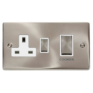 Click VPSC504WH Deco Satin Chrome 45A DP Cooker Control Switch With 13A Switchsocket, Ingot Switches & White Inserts