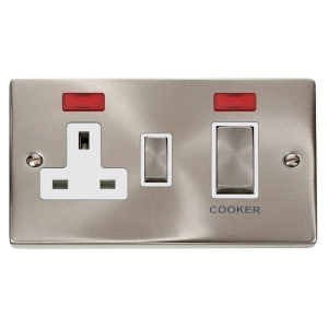 Click VPSC505WH Deco Satin Chrome 45A DP Cooker Control Switch With 13A Switchsocket, Neons, Ingot Switches & White Inserts