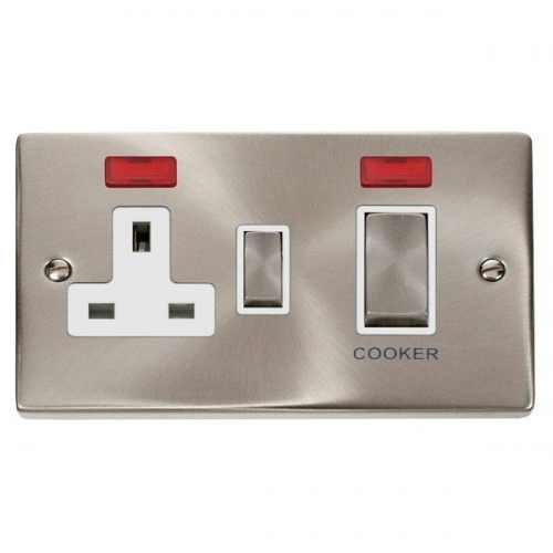 Click VPSC505WH Deco Satin Chrome 45A DP Cooker Control Switch With 13A Switchsocket, Neons, Ingot Switches & White Inserts