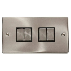 Click VPSC414BK Deco Satin Chrome 4 Gang 2 Way 10Ax Plateswitch With Ingot Switches & Black Inserts Click VPSC414BK Deco Satin Chrome 4 Gang 2 Way 10Ax Plateswitch With Ingot Switches & Black Inserts