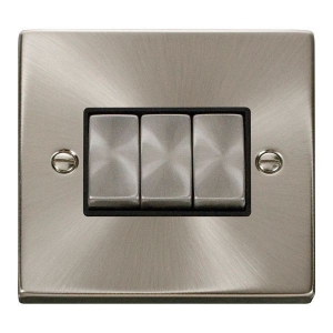 Click VPSC413BK Deco Satin Chrome 3 Gang 2 Way 10Ax Plateswitch With Ingot Switches & Black Inserts Click VPSC413BK Deco Satin Chrome 3 Gang 2 Way 10Ax Plateswitch With Ingot Switches & Black Inserts