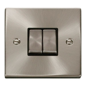 Click VPSC412BK Deco Satin Chrome 2 Gang 2 Way 10Ax Plateswitch With Ingot Switches & Black Inserts Click VPSC412BK Deco Satin Chrome 2 Gang 2 Way 10Ax Plateswitch With Ingot Switches & Black Inserts