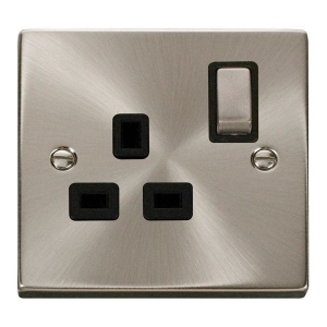 Click VPSC535BK Deco Satin Chrome 1 Gang 13A DP Switchsocket With Ingot Switch & Black Inserts