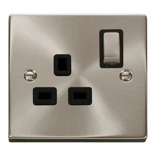 Click VPSC535BK Deco Satin Chrome 1 Gang 13A DP Switchsocket With Ingot Switch & Black Inserts