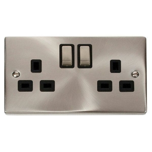 Click VPSC536BK Deco Satin Chrome 2 Gang 13A DP Switchsocket With Ingot Switches & Black Inserts