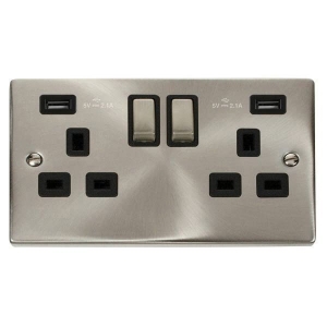 Click VPSC580BK Deco Satin Chrome 2 Gang 13A DP Switchsocket With Twin 2.1A Type A USB Outlets, Ingot Switches & Black Inserts