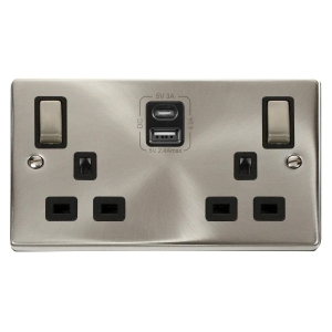 Click VPSC586BK Deco Satin Chrome 2 Gang 13A DP Switchsocket With 1 x Type A  + 1 x Type C USB Outlets, Ingot Switches & Black Inserts
