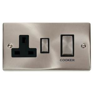 Click VPSC504BK Deco Satin Chrome 45A DP Cooker Control Switch With 13A Switchsocket, Ingot Switches & Black Inserts