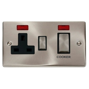Click VPSC505BK Deco Satin Chrome 45A DP Cooker Control Switch With 13A Switchsocket, Neons, Ingot Switches & Black Inserts