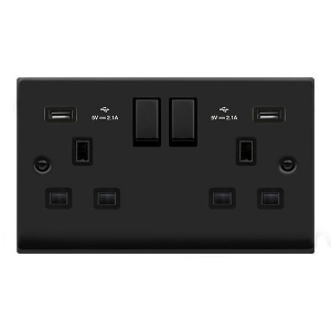 Click VPMB580BK Deco Matt Black 2 Gang 13A DP Switchsocket With Twin 2.1A Type A USB Outlets, Ingot Switches & Black Inserts