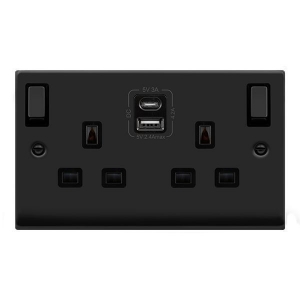 Click VPMB586BK Deco Matt Black 2 Gang 13A DP Switchsocket With 1 x Type A  + 1 x Type C USB Outlets, Ingot Switches & Black Inserts