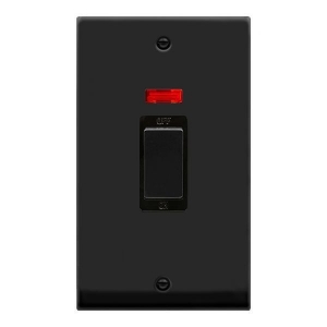 Click VPMB503BK Deco Matt Black 45A DP Switch With Neon, Ingot Switch & Black Inserts On Large Vertical Plate Click VPMB503BK Deco Matt Black 45A DP Switch With Neon, Ingot Switch & Black Inserts On Large Vertical Plate